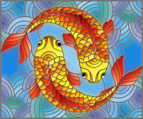 Illustration in stained glass style with a pair of gold fish on water background