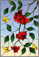 Illustration in stained glass style with flowers  , leaves of  rose and butterflies on the sky background