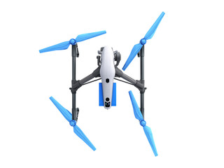 White drone quadrocopter with photo camera flying in the blue sky Concept of aero film 3d render on white