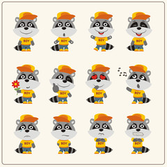Collection of isolated raccoon in clothes and cap. Set of raccoon little boy in cartoon style.