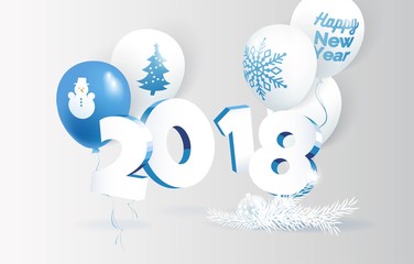 Happy new year holiday background with 3d numbers 2018 and blue and white  balloons. Christmas celebration beautiful poster. Vector illustration