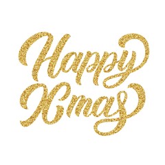 Happy Xmas brush hand lettering, with golden glitter trxture on white background. Vector illustration. Can be used for holidays festive design.