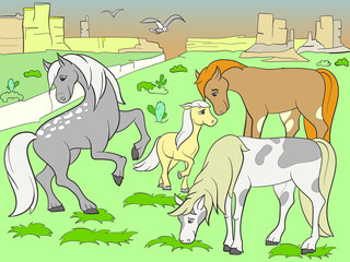 Children colored cartoon horses grazing on meadow