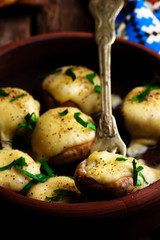 Baked mushroom with cheese.Georgian cuisine. style rustic.