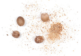 Milled nutmeg, powder isolated on white background, top view