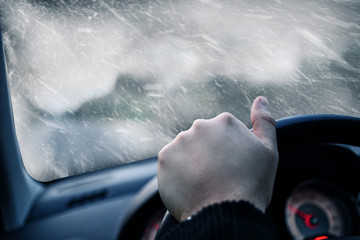 drive a car on a snowy winter day