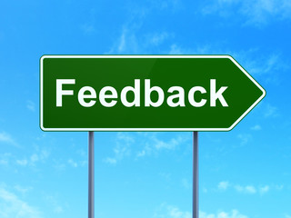 Business concept: Feedback on green road highway sign, clear blue sky background, 3D rendering