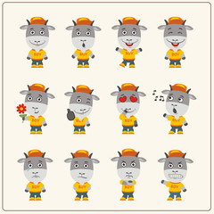 Obraz premium Set of goat little boy in cartoon style. Collection of isolated goat in clothes and cap.