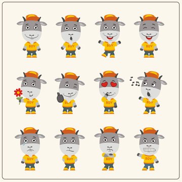 Set of goat little boy in cartoon style. Collection of isolated goat in clothes and cap.