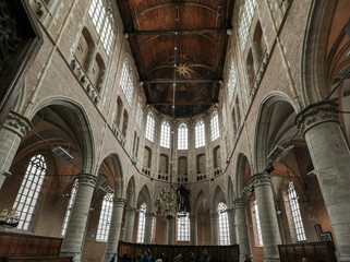 Fototapeta na wymiar Interior of the Church of St. Lawrence (Grote Kerk or Great Church) in Alkmaar, Netherlands..