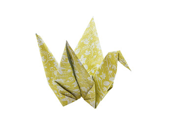 Yellow origami bird (Origami Crane) isolated on white background.Saved with clipping path.