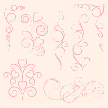 Set of abstract vertical floral pink swirl with heart on pink background. Vector illustration for greeting  card.