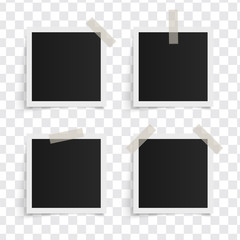 Set of square vector photo frames on sticky tape on a transparent background. Template photo design. Vector illustration