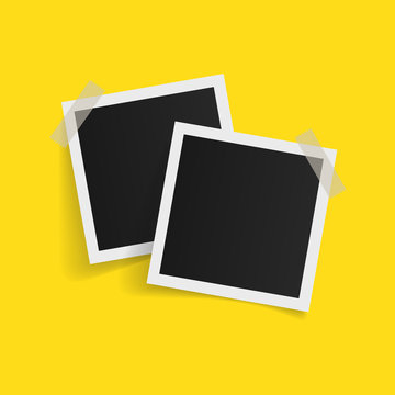 Square photo frames on sticky tape on yellow background. Vector illustration.
