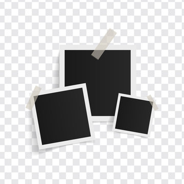 Square photo frames on sticky tape on a transparent background. Vector illustration.