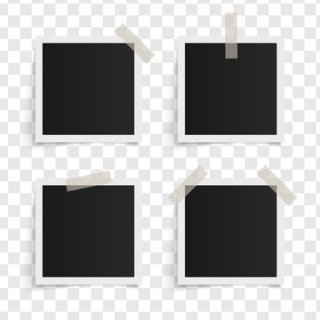 Set of square vector photo frames on sticky tape on a transparent background. Template photo design. Vector illustration