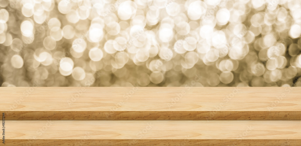 Aufkleber Empty wood step table stand with blur abstract sparkle gold background bokeh light,Mock up for display or montage of product,Banner or header for advertise on online media,Holiday celebrate concept.