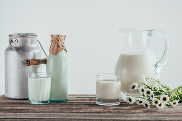fresh milk on shabby wooden tabletop