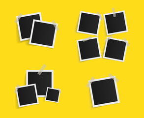 Set of square vector photo frames on sticky tape on yellow background. Template photo design. Vector illustration