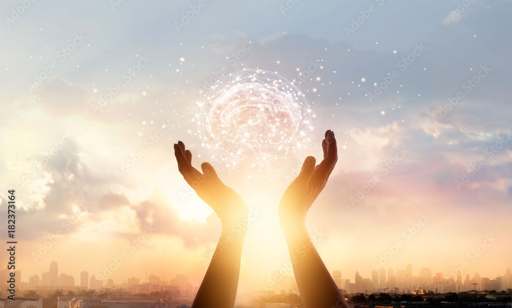 Aufkleber abstract palm hands touching brain with network connections, innovative technology in science and co