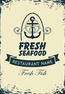 Vector banner for seafood restaurant with an anchor, rope and inscription Fresh fish on the beige grunge background in retro style.