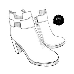 illustration of hand drawn graphic women Footwear, shoes. Shoe for casual andclassical style, gumshoes, boots for cold seasons. Doodle, drawing Design isolated object.