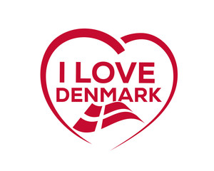 I love denmark with outline of heart and flag, icon design, isolated on white background.