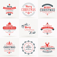 Set of Merry Christmas and Happy New Year Decorative Badges for Greetings Cards or Invitations. Vector Illustration in Red and Gray Colors