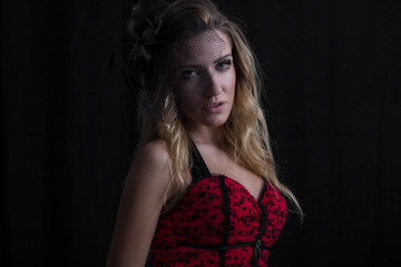 Fototapeta premium Portrait of beautiful sexy fashion girl model with bright makeup in retro style