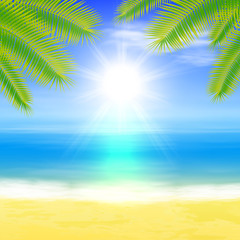 Beach and tropical sea with palmtree leaves. Summer background.