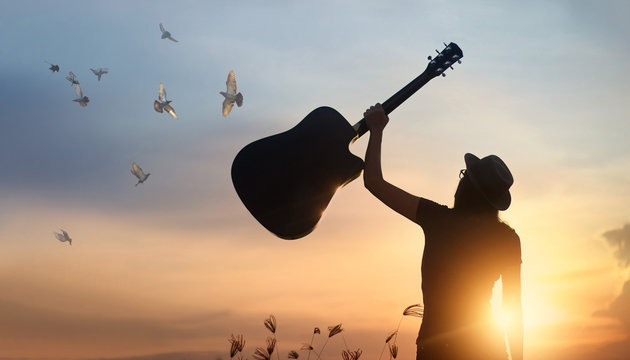 Musician raising guitar over head with free bird of silhouette on sunset nature background