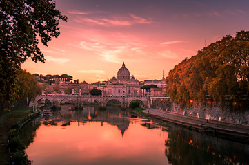 Beautiful view over St. Peter's Basilica in Vatican from Rome, Italy during the sunset in Autumn