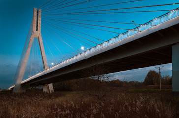 Cable-stayed bridge close-up in the evening