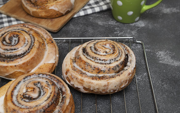 appetizing buns with poppy seeds, homemade pastries, pastry shop.
