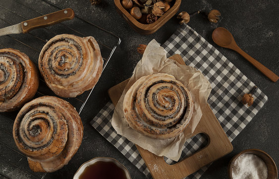 appetizing buns with poppy seeds, homemade pastries, pastry shop.