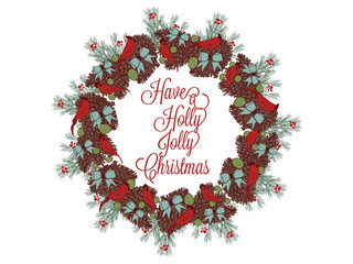Christmas wreath hand drawn illustration for greeting cards isolated on white