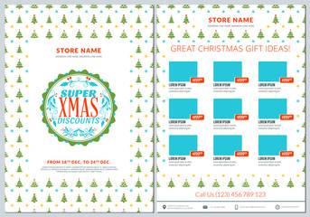 Christmas sale catalog design. Business flyer template. Vintage badge with winter background
