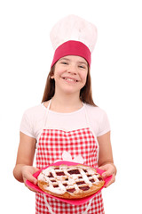 happy little girl cook with cherry pie