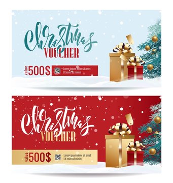 Christmas Gift Voucher Coupon discount. Gift certificate template for Merry Christmas. Shopping concept.  Vector illustration