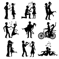 Happy couples in love just married bride and groom vector black silhouettes
