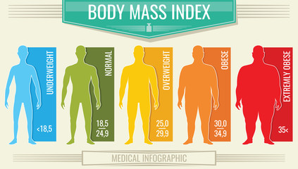 Man body mass index. Vector fitness bmi chart with male silhouettes and scale - obrazy, fototapety, plakaty