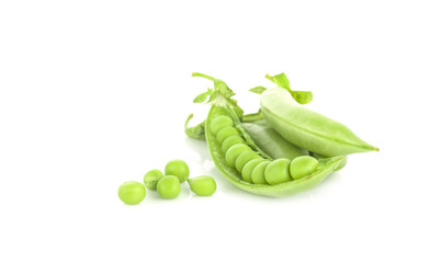 Fresh green peas on a white background, top view