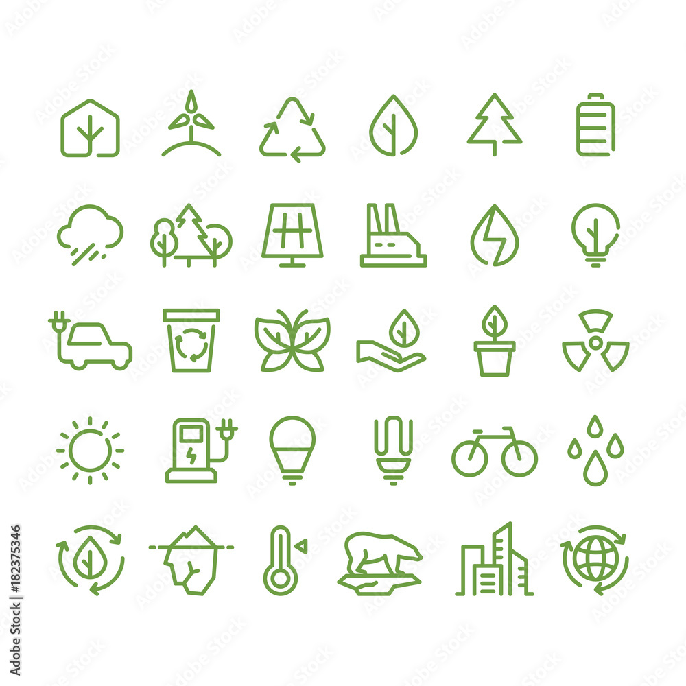 Sticker eco and green environment vector line icons. ecology and recycling outline symbols