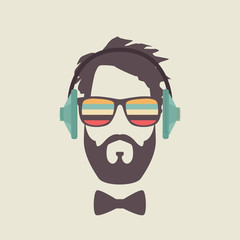 Hipster Men Face with Headphone, Retro Music Poster Illustartion.