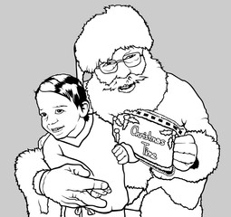 Santa Claus Hugging Little Boy - Merry Christmas Illustration, Black and White Vector