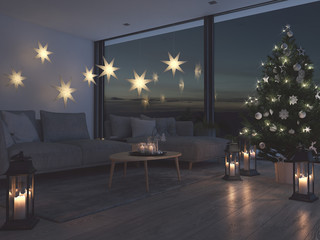 3d rendering. home with christmastree in modern apartment. 2. advent. filterd