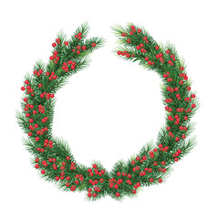 Fototapeta na wymiar large Christmas fir wreath with red berries. Isolated on white without a shadow
