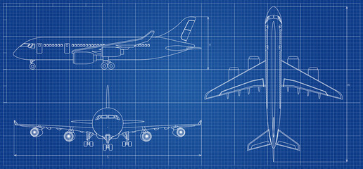 Airplane blueprint. Outline aircraft on blue background. Vector illustration © MicroOne