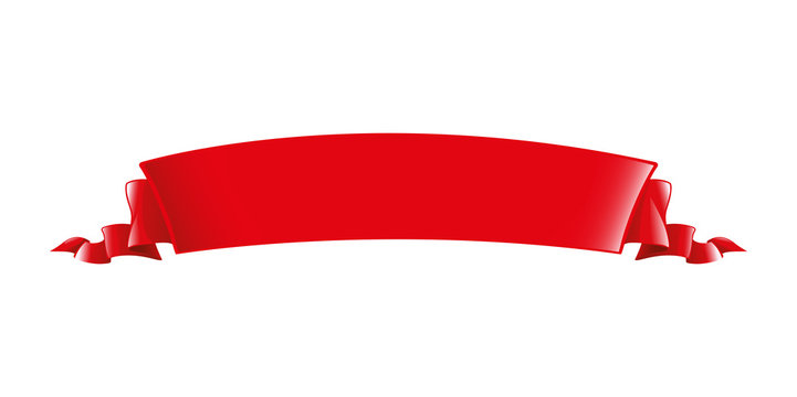 Red ribbon. Long volume curved semicircle arc strip, tape of fabric or paper with curly edges. Decorative design element. Silk elegant retro ribbon with empty space for title writing. Isolated vector