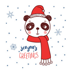 Hand drawn vector portrait of a cute funny panda in a Santa hat, text Season's greetings. Isolated objects on white background with snowflakes. Vector illustration. Design concept for kids, Christmas.